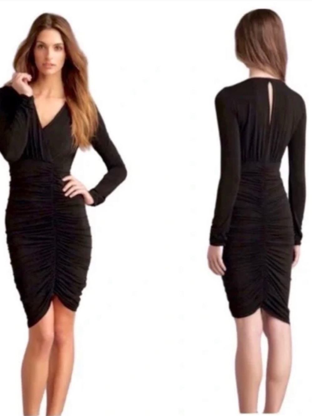 NWT BCBGMaxAzria Black Long-Sleeve Ruched V-Neck Dress